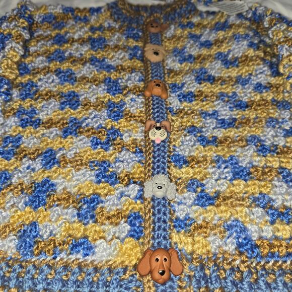 Hand Crochet Baby Sweater & Hat Set 9-12 Month Dog Buttons Poodle Hound Blue New - Picture 3 of 13